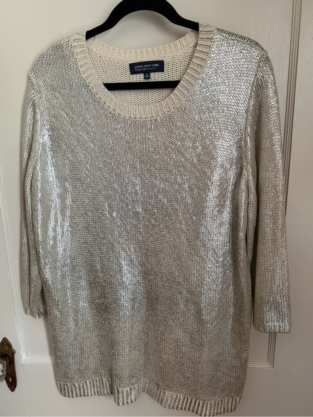 Jones New York Metallic Ivory Crew Neck Sweater